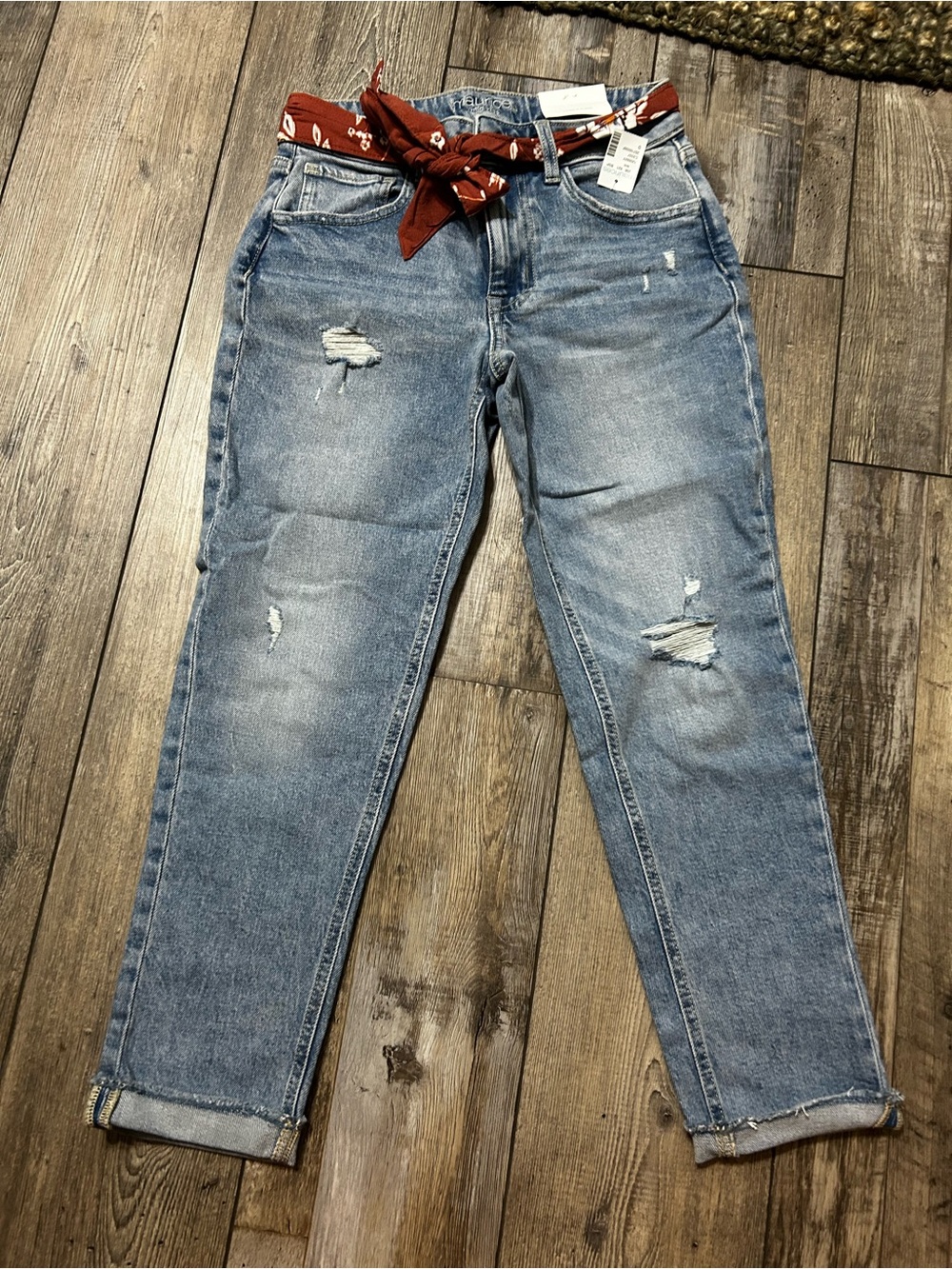 Maurices Light Blue Distressed Relaxed Jeans Bandana Tie boyfriend crop midrise